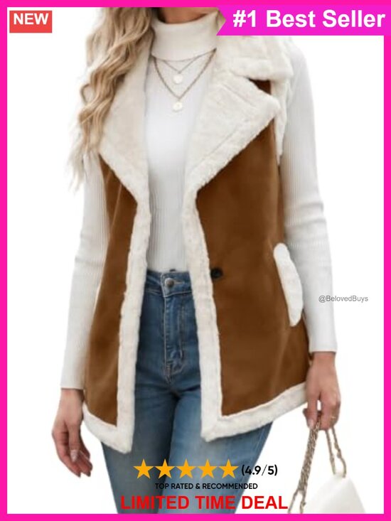 Jackets & Blazers - Suede Faux Fur Vest Sleeveless Fleece Lined Notch Lapel Casual Outerwear